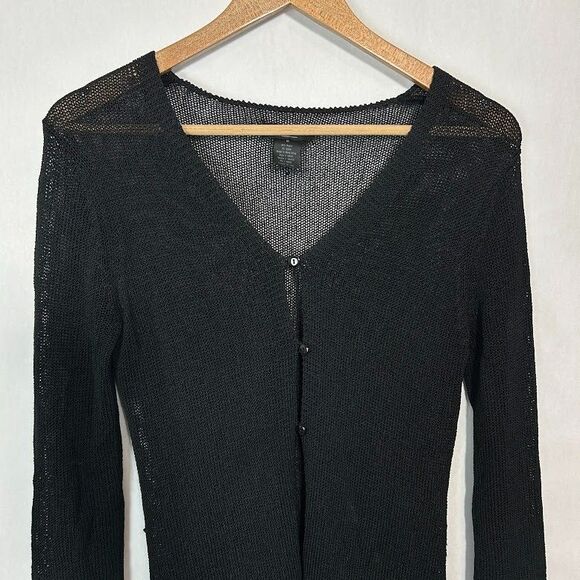 VTG 90s Y2K Sheer Knit Cardigan M Black 3 Button Open Goth Duster Grunge Crochet - Picture 4 of 6